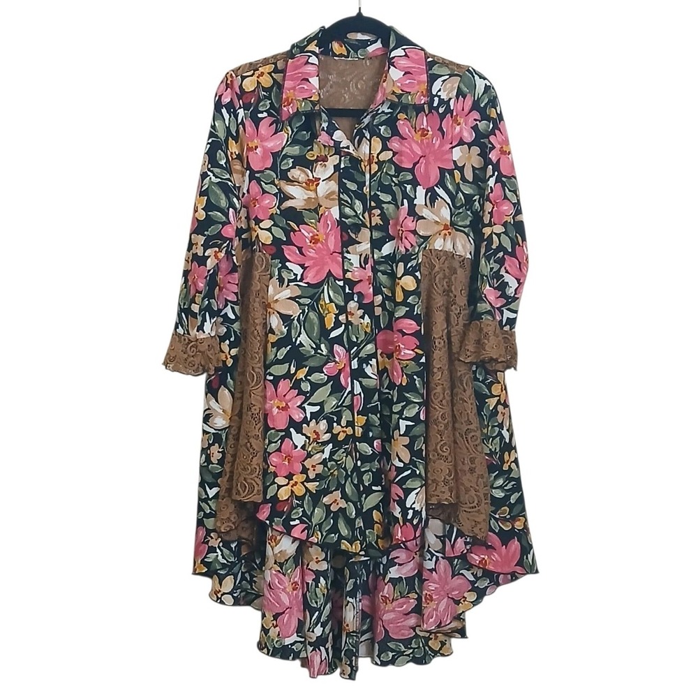 Zadie B's Floral Tunic Top High Low Button Front Brown Lace Modest Boho Shirt S - Picture 2 of 10